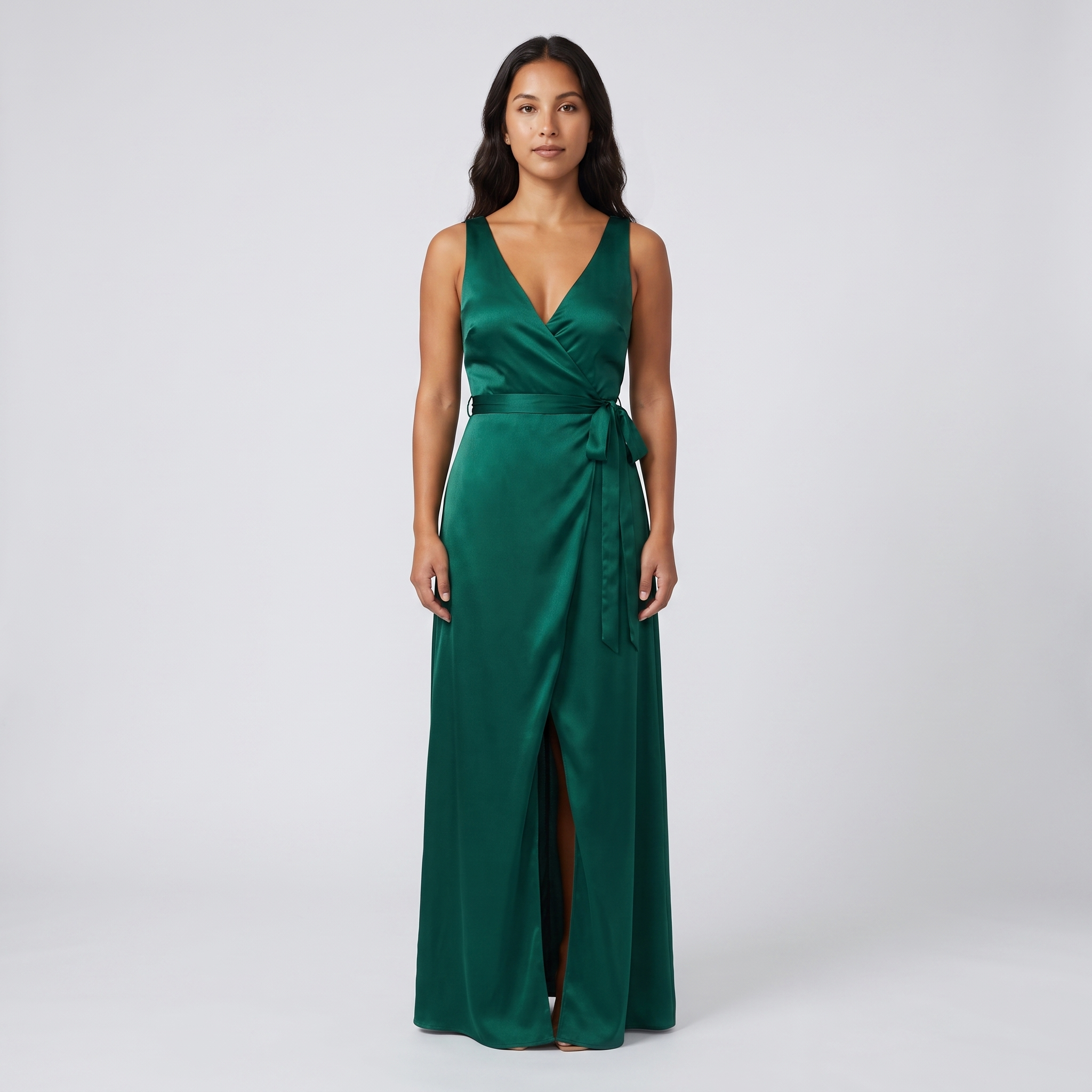 Emerald satin wrap formal gown front view on model