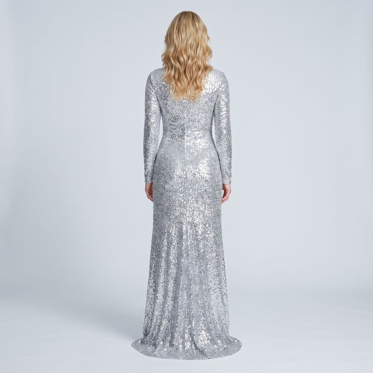 Silver sequin long-sleeve gown back view