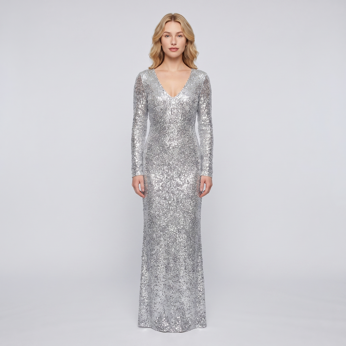 Silver sequin long-sleeve formal gown front view on model