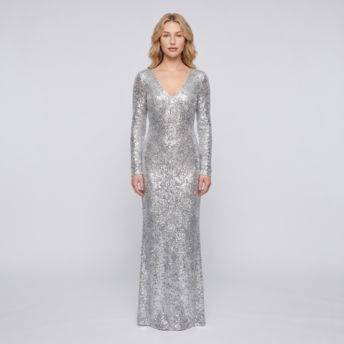 Constance Sequin Long-Sleeve Gown – Silver