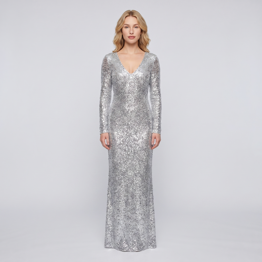 Constance Sequin Long-Sleeve Gown – Silver