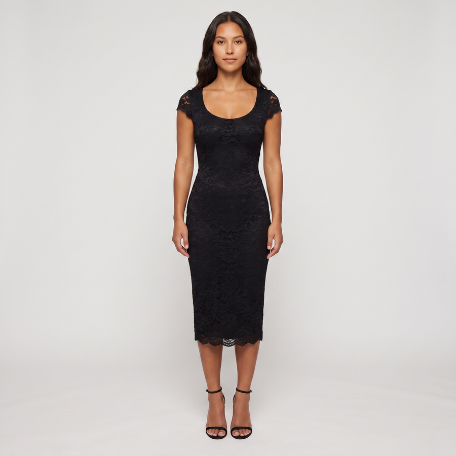 Elise Lace Bodycon Midi Dress – Black