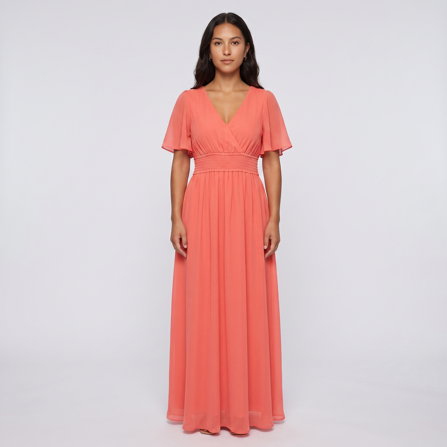 Marisol Chiffon Flutter Maxi Dress – Coral
