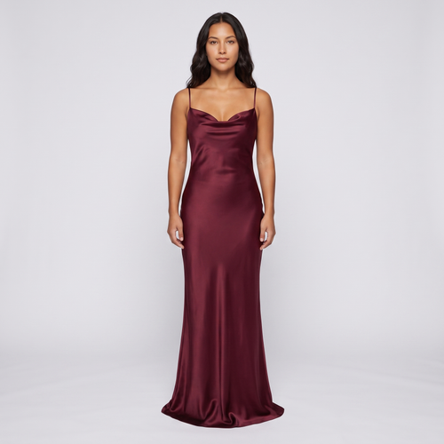 Burgundy satin cowl gown front view on model