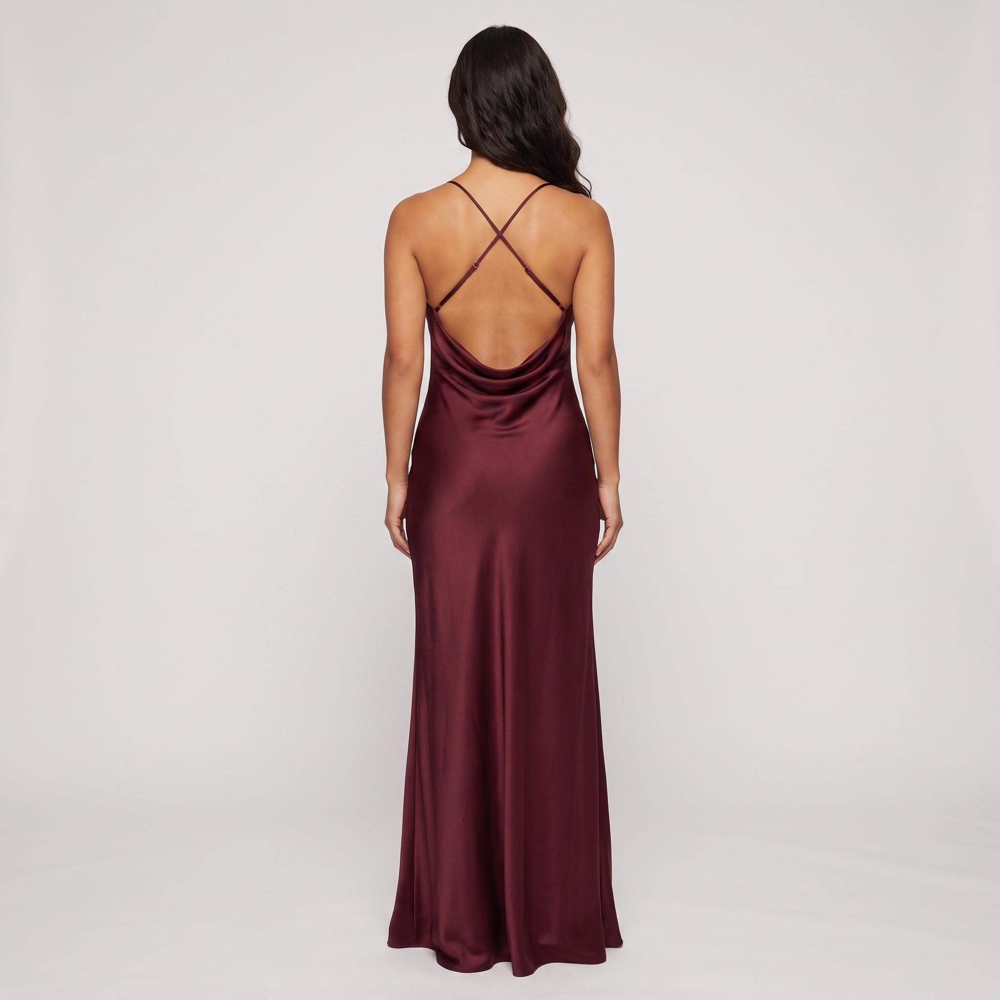 Burgundy satin cowl gown draped back view