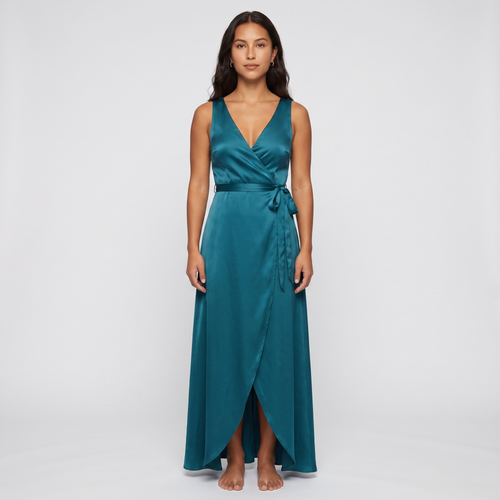 Ximena Satin Wrap Gown – Teal