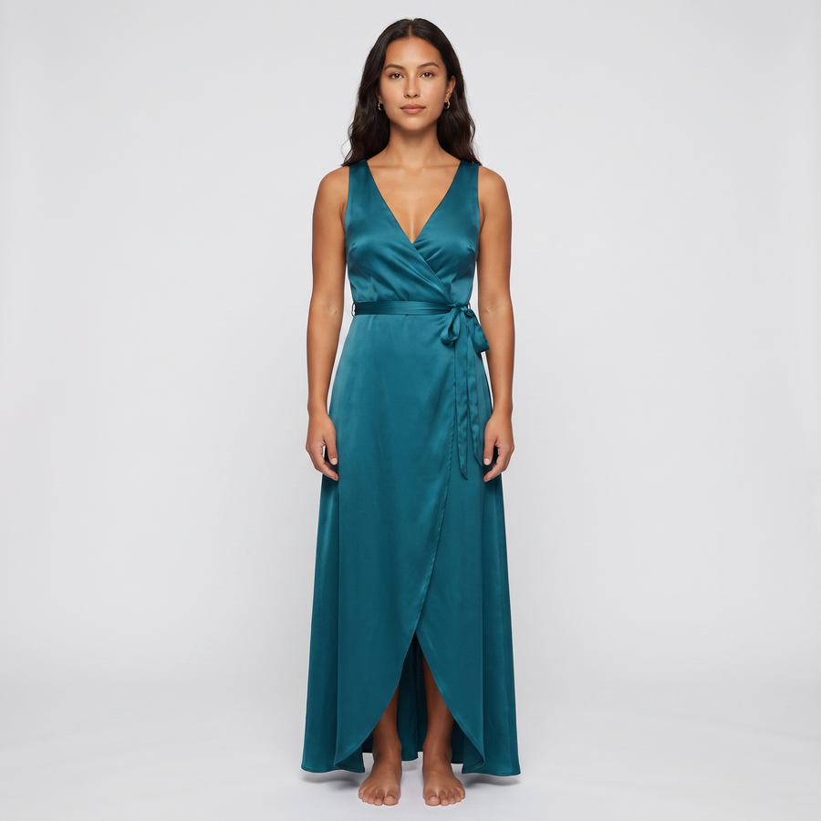 Ximena Satin Wrap Gown – Teal