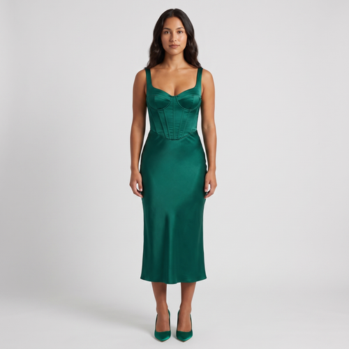 Odalys Satin Corset Midi Dress – Emerald