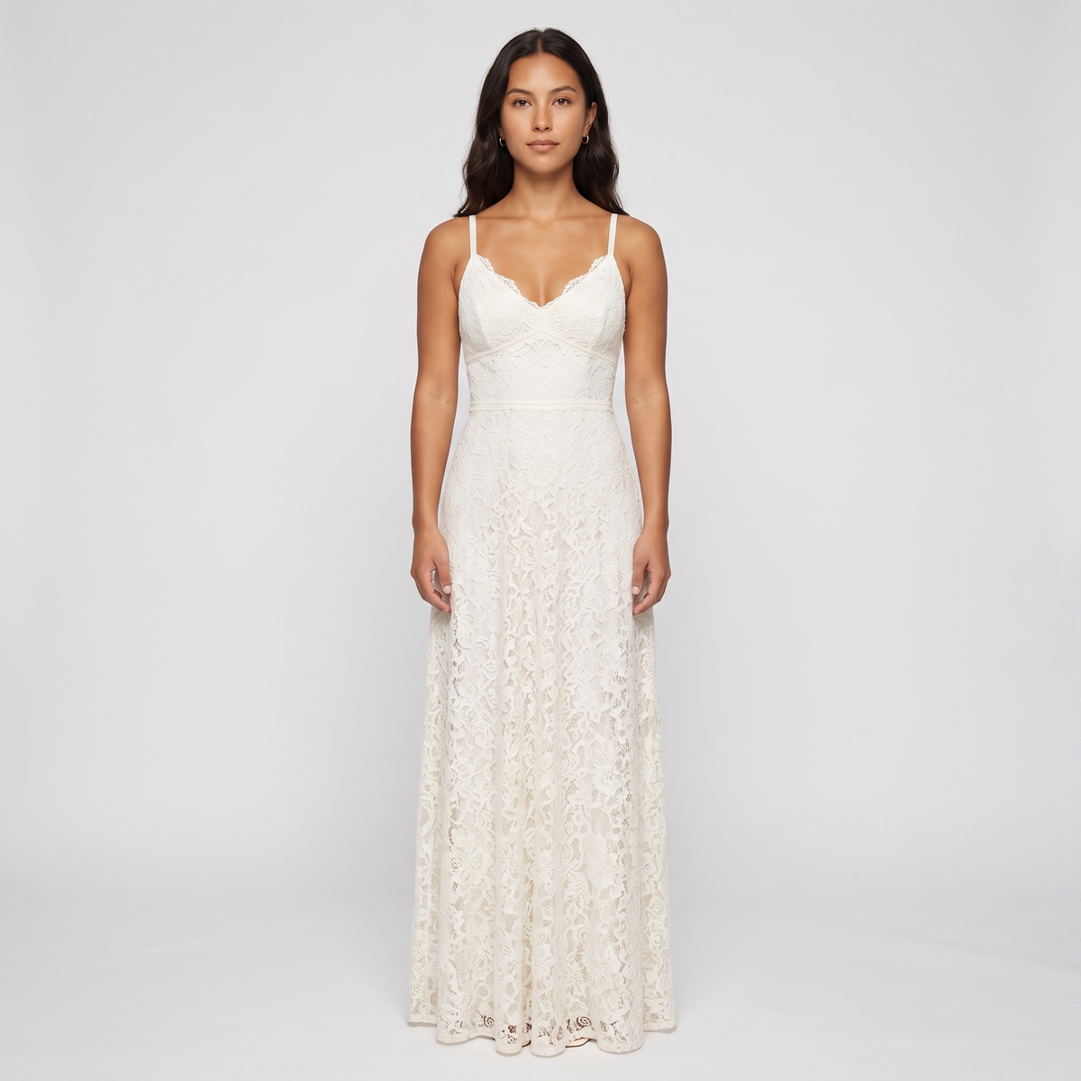 Ivory lace maxi gown front view on model