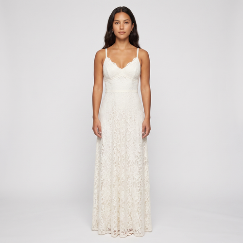 Ivory lace maxi gown front view on model