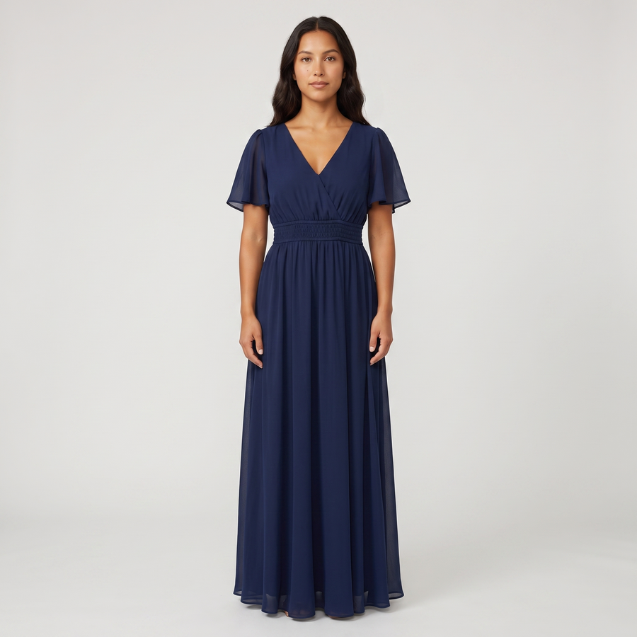 Georgina Chiffon Flutter Maxi Dress – Navy