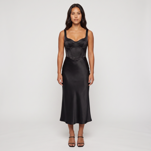 Ottilie Satin Corset Midi Dress – Black