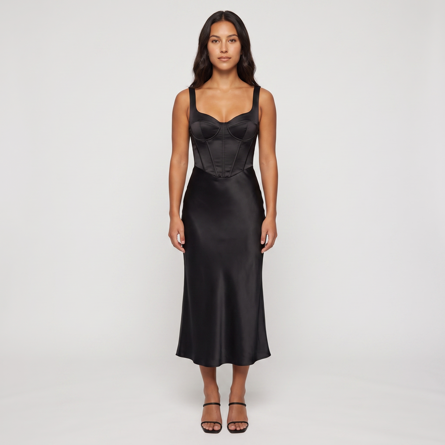Ottilie Satin Corset Midi Dress – Black