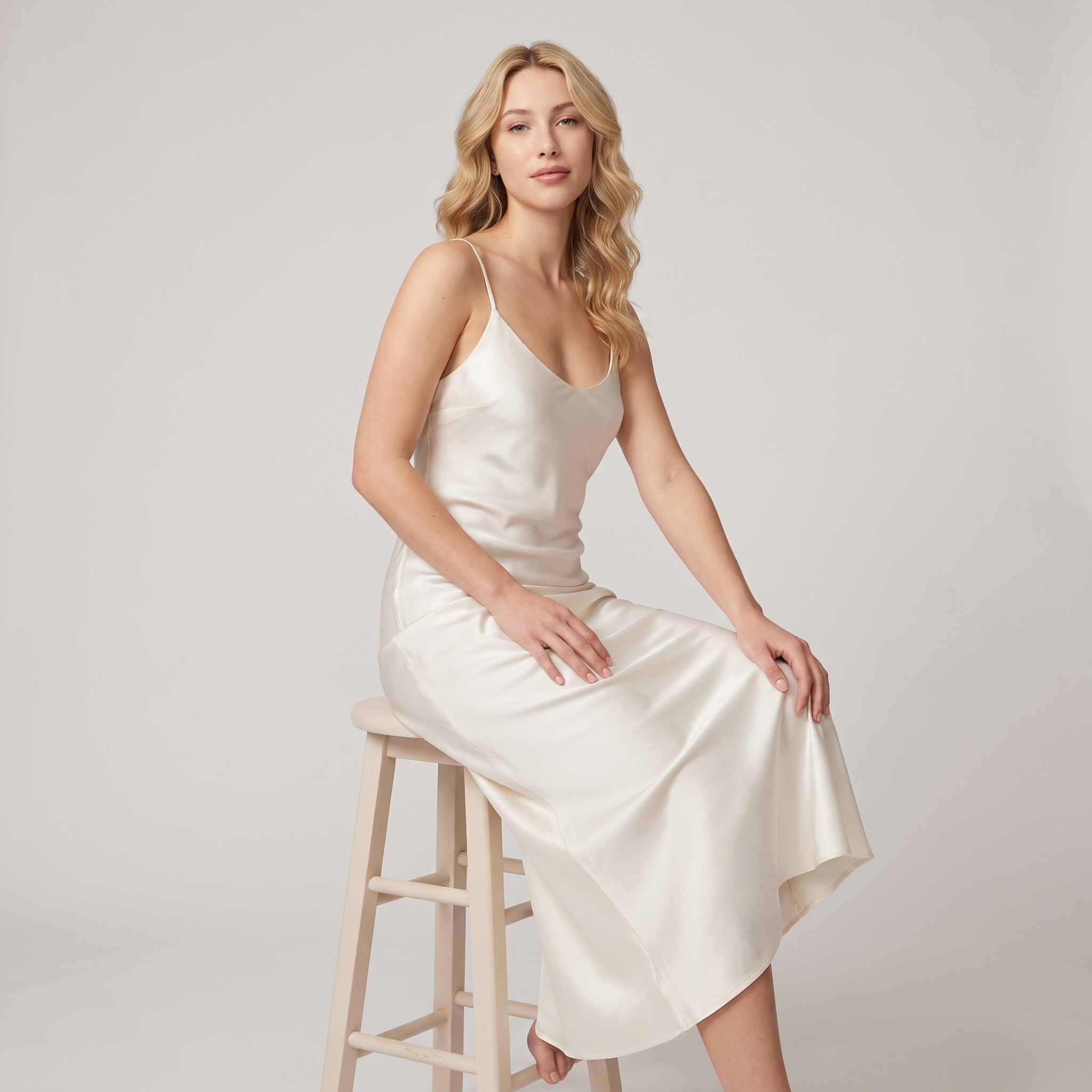 Model seated wearing ivory satin slip midi dress