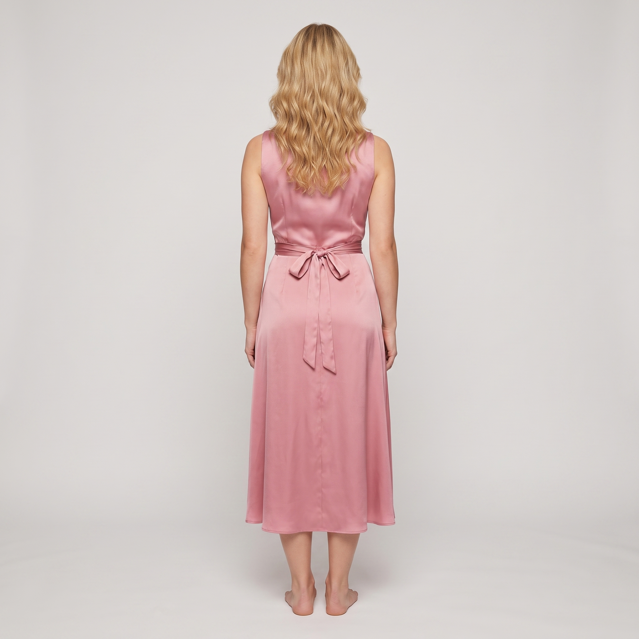 Pink satin wrap midi dress back view