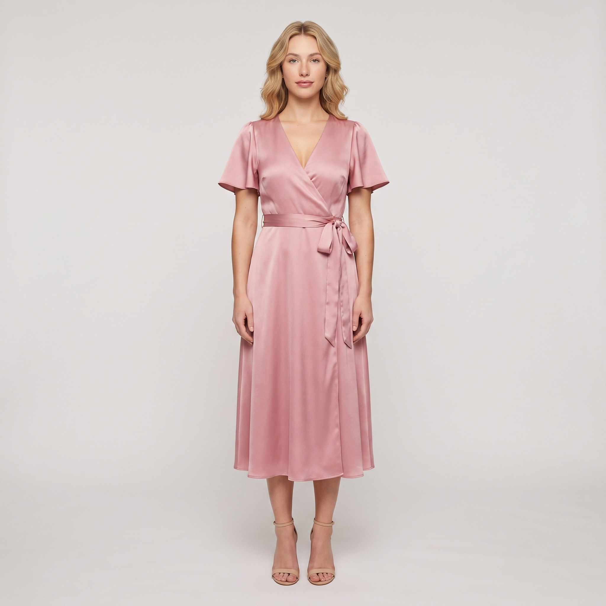 Pink satin wrap midi cocktail dress front view on model