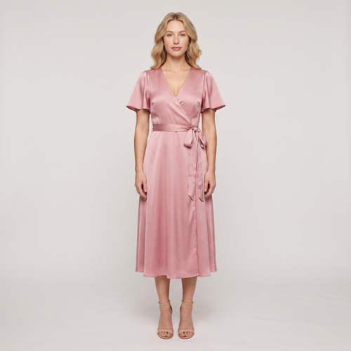 Blair Satin Wrap Midi Dress – Pink