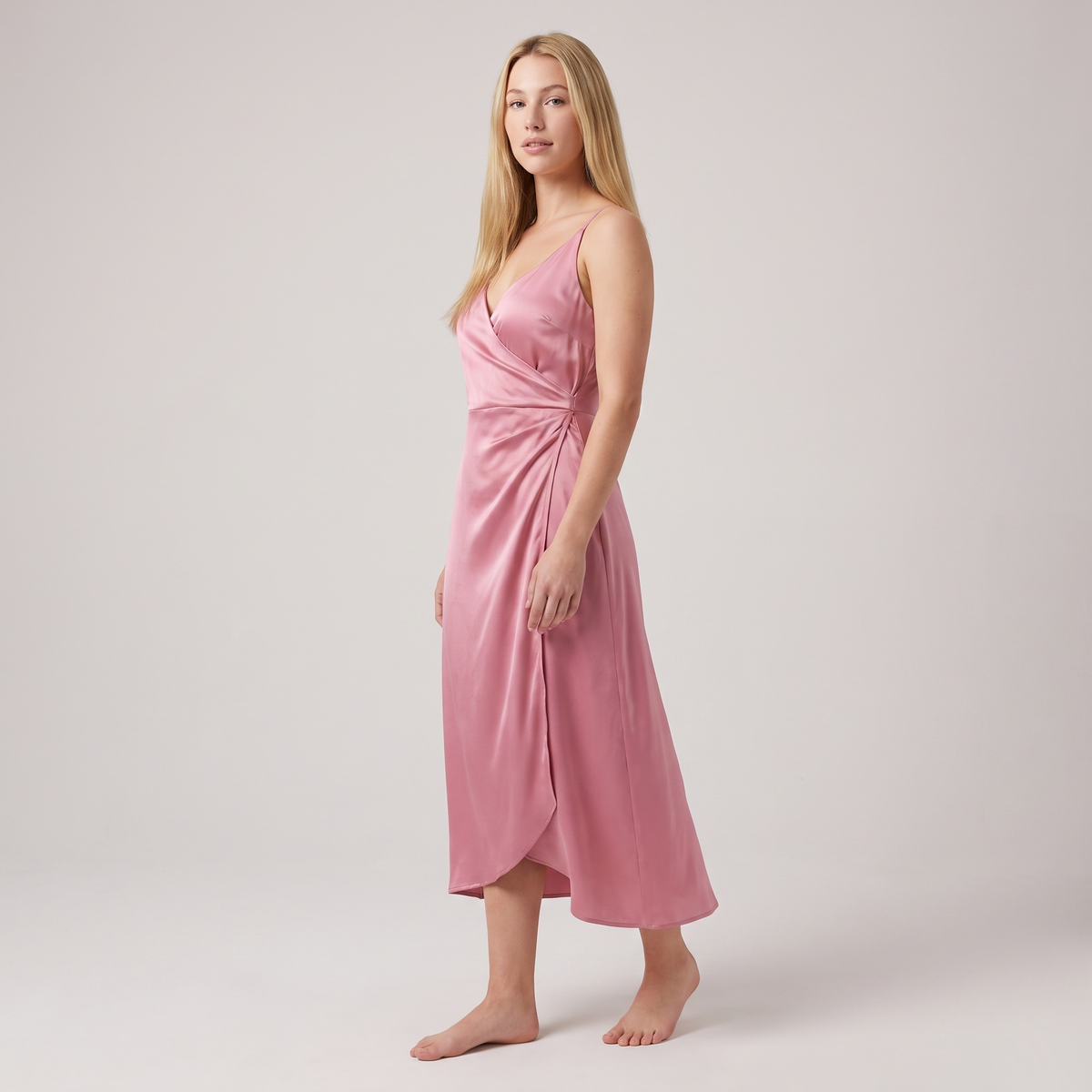 Pink satin wrap midi dress side three-quarter view