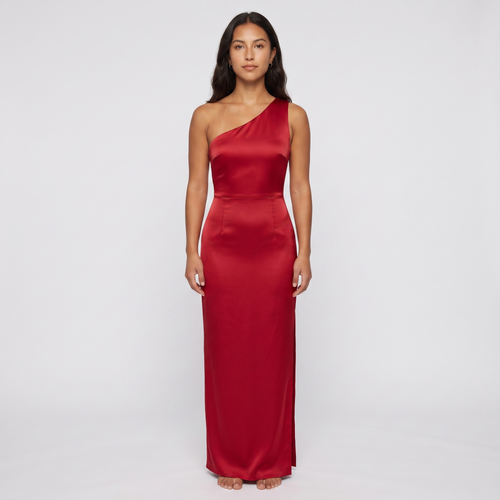 Priscilla One-Shoulder Satin Gown – Red