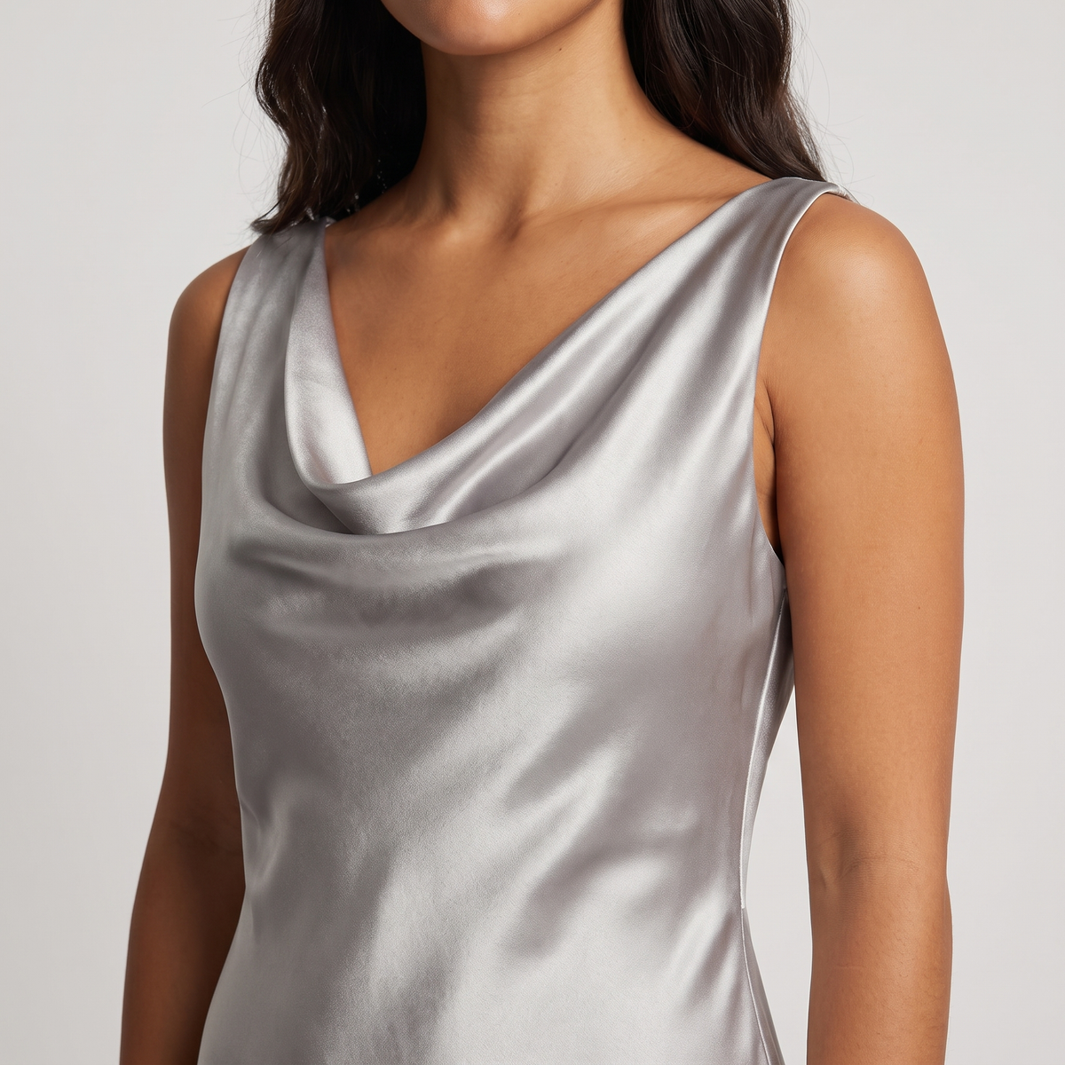 Silver satin cowl neckline and fabric close-up
