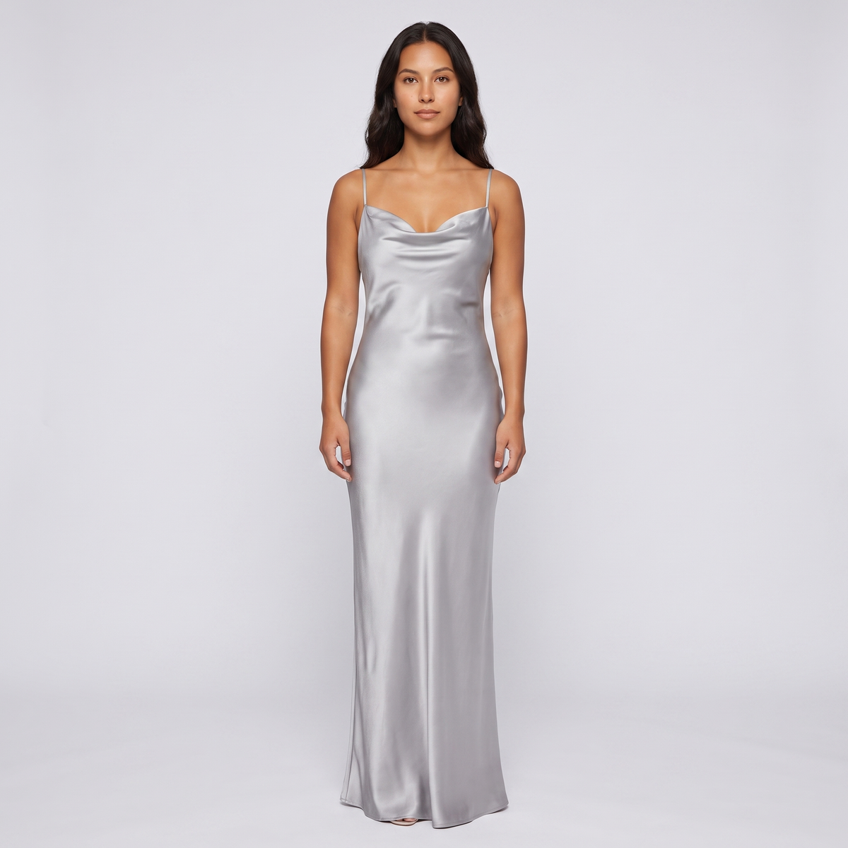 Silver satin cowl gown front view on model