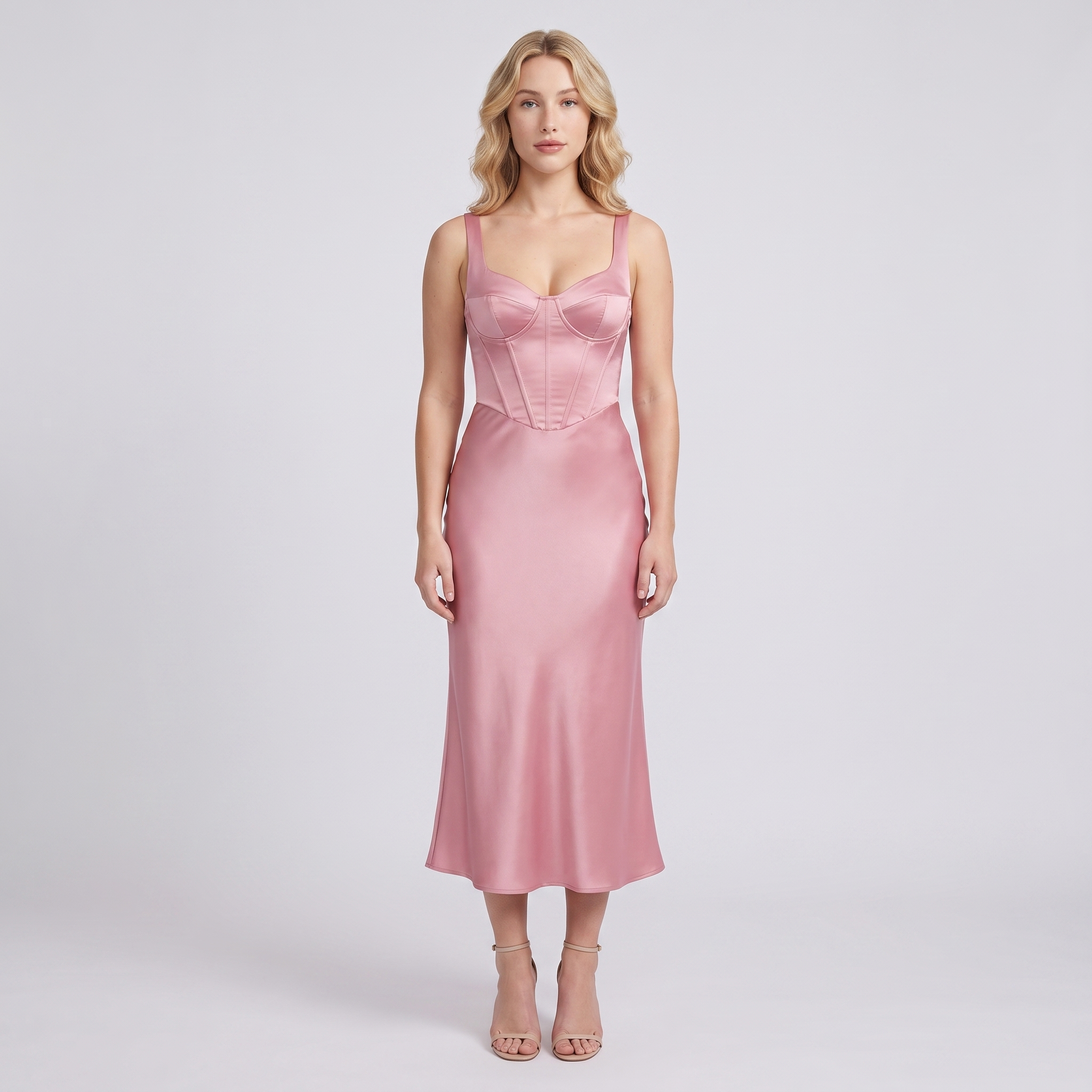 Pink satin corset midi cocktail dress front view on model