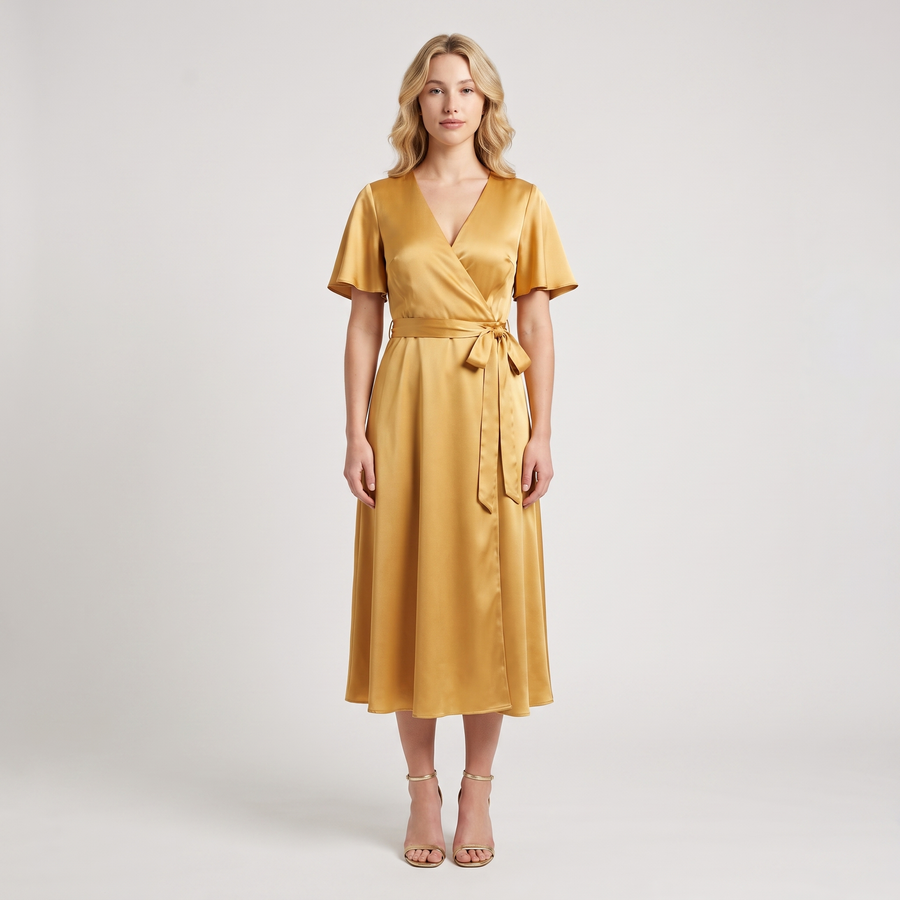 Romilly Satin Wrap Midi Dress – Gold