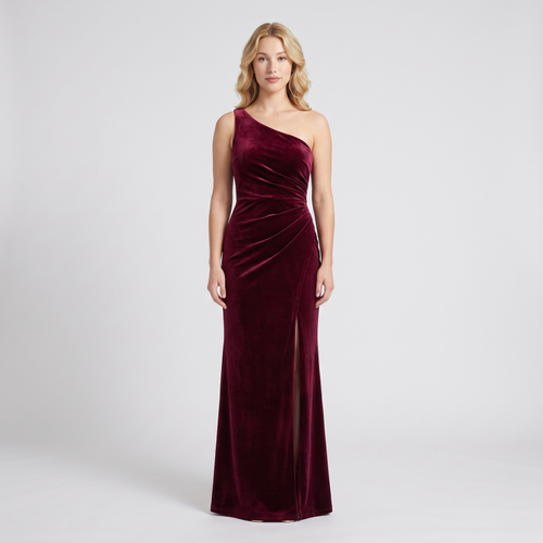 Lavinia Velvet One-Shoulder Gown – Burgundy