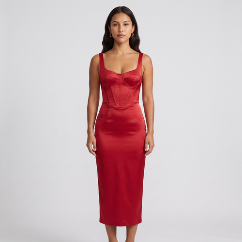 Ramona Satin Corset Midi Dress – Red