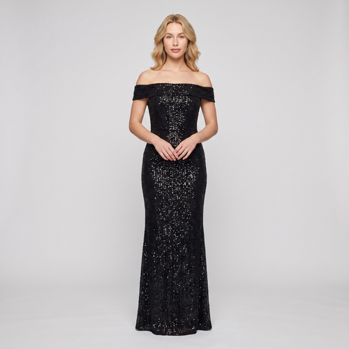 Octavia Sequin Off-Shoulder Gown – Black