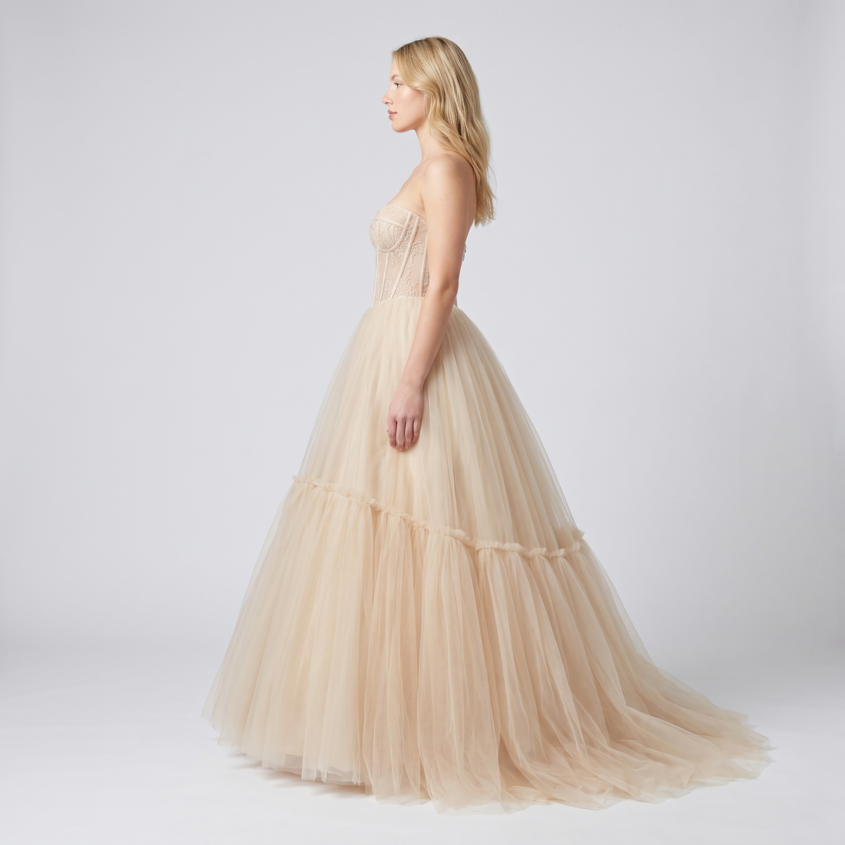 Champagne tulle ball gown side profile