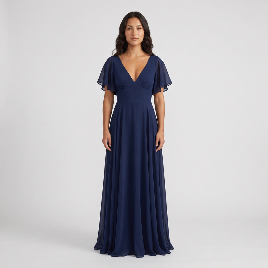 Emmeline Chiffon Flutter-Sleeve Maxi Dress – Navy