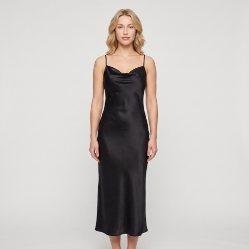 Bellamy Satin Cowl Slip Midi Dress – Black