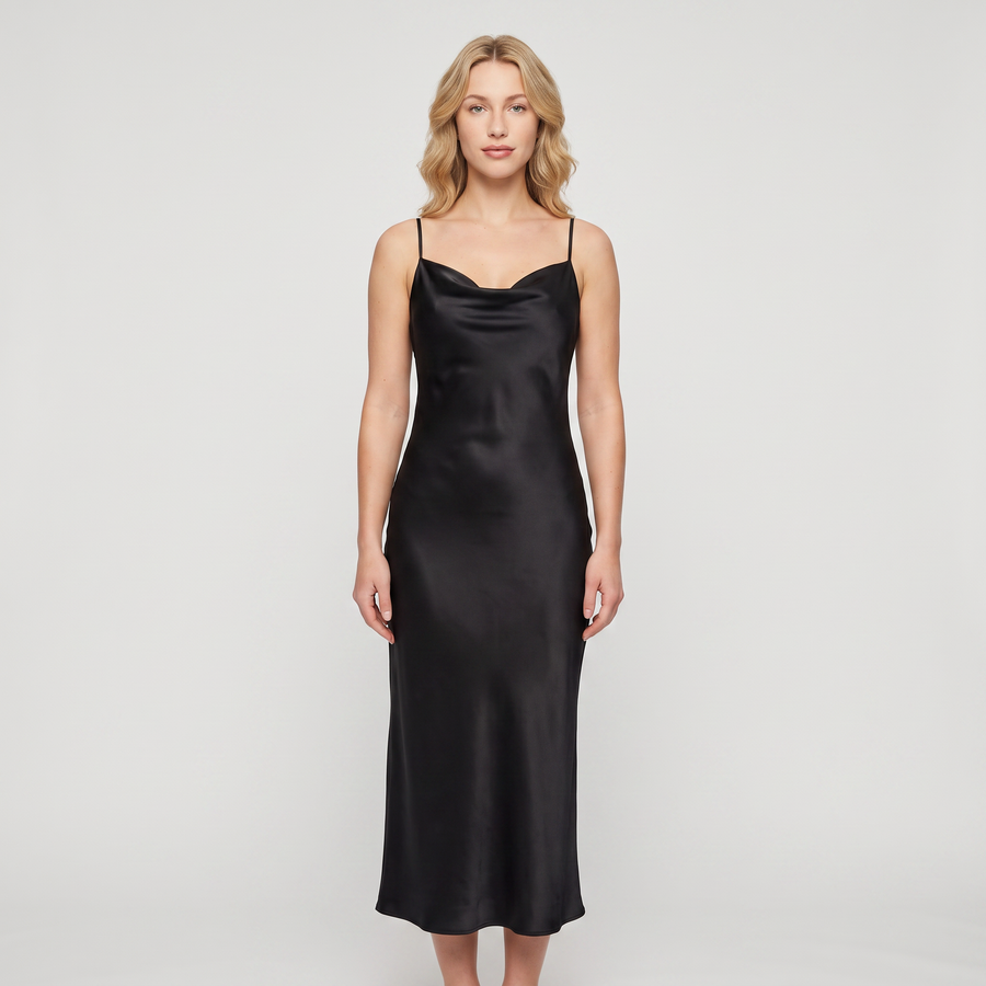 Bellamy Satin Cowl Slip Midi Dress – Black