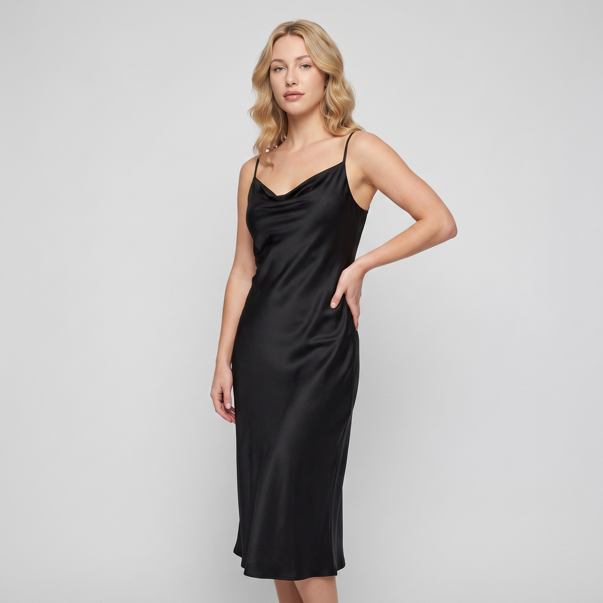 Black satin cowl slip dress side angle