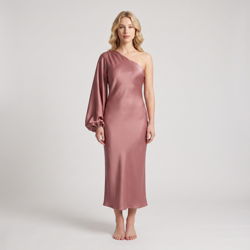 Rosalie Satin One-Shoulder Midi Dress – Dusty Rose