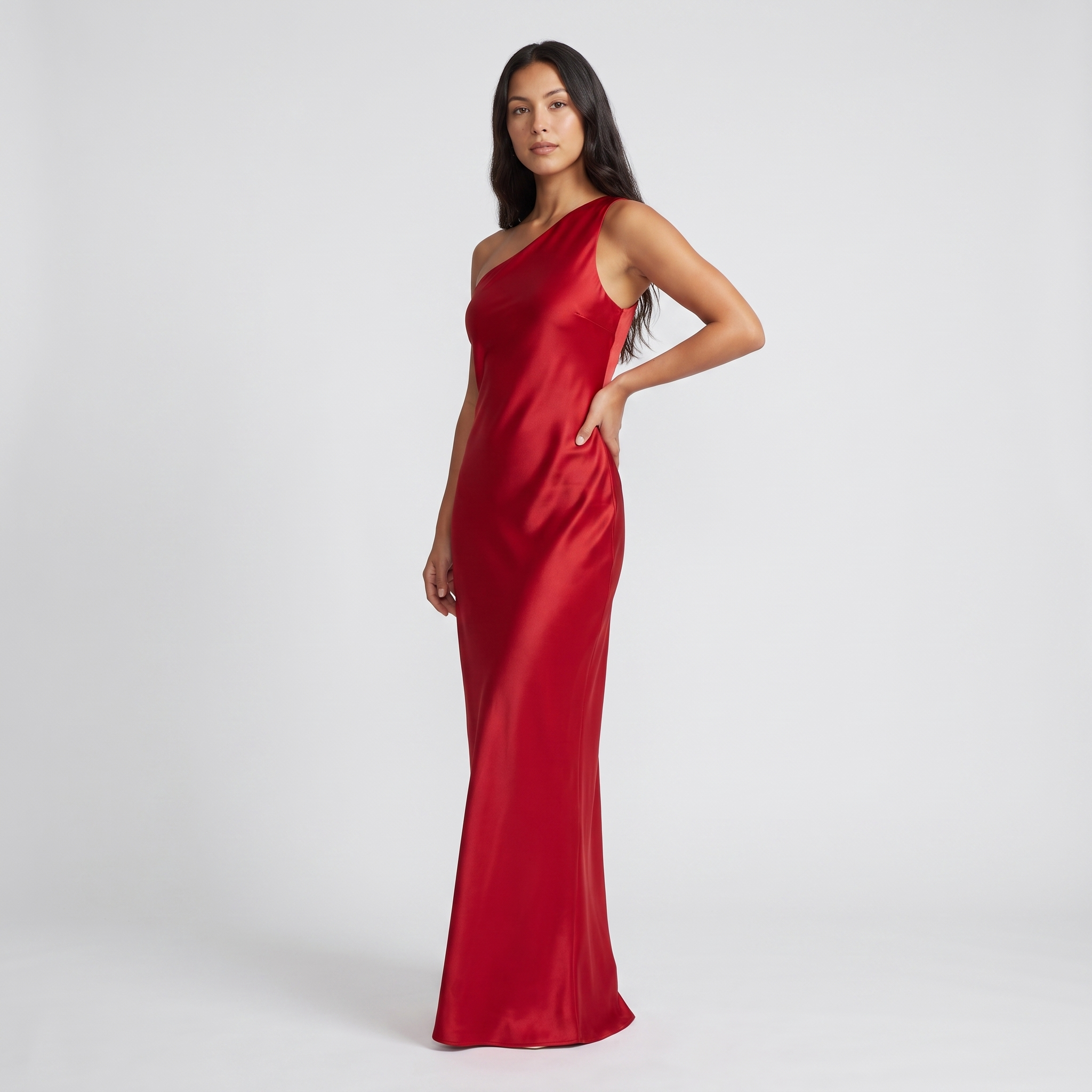 Red one-shoulder satin gown side angle
