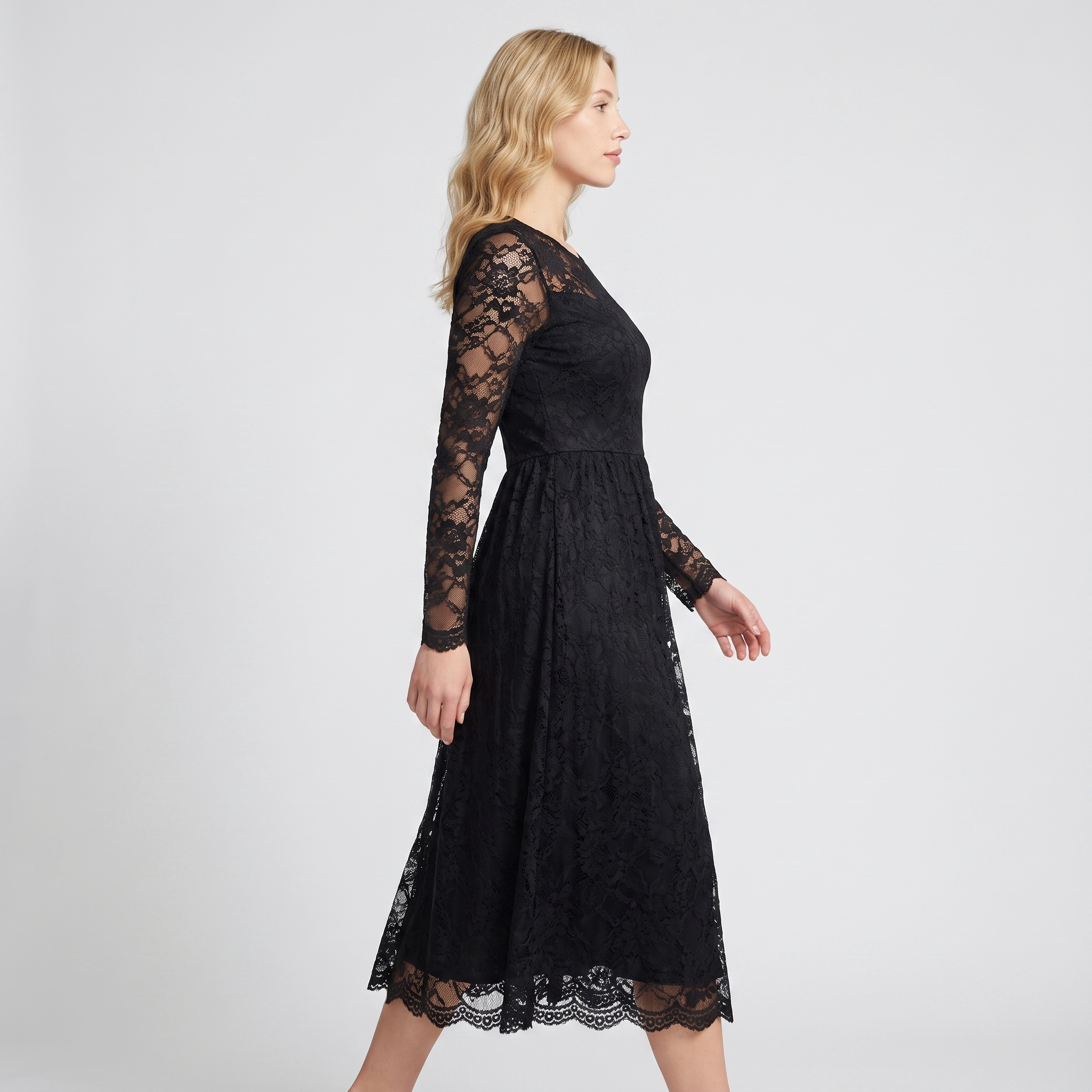 Black lace long-sleeve dress side profile