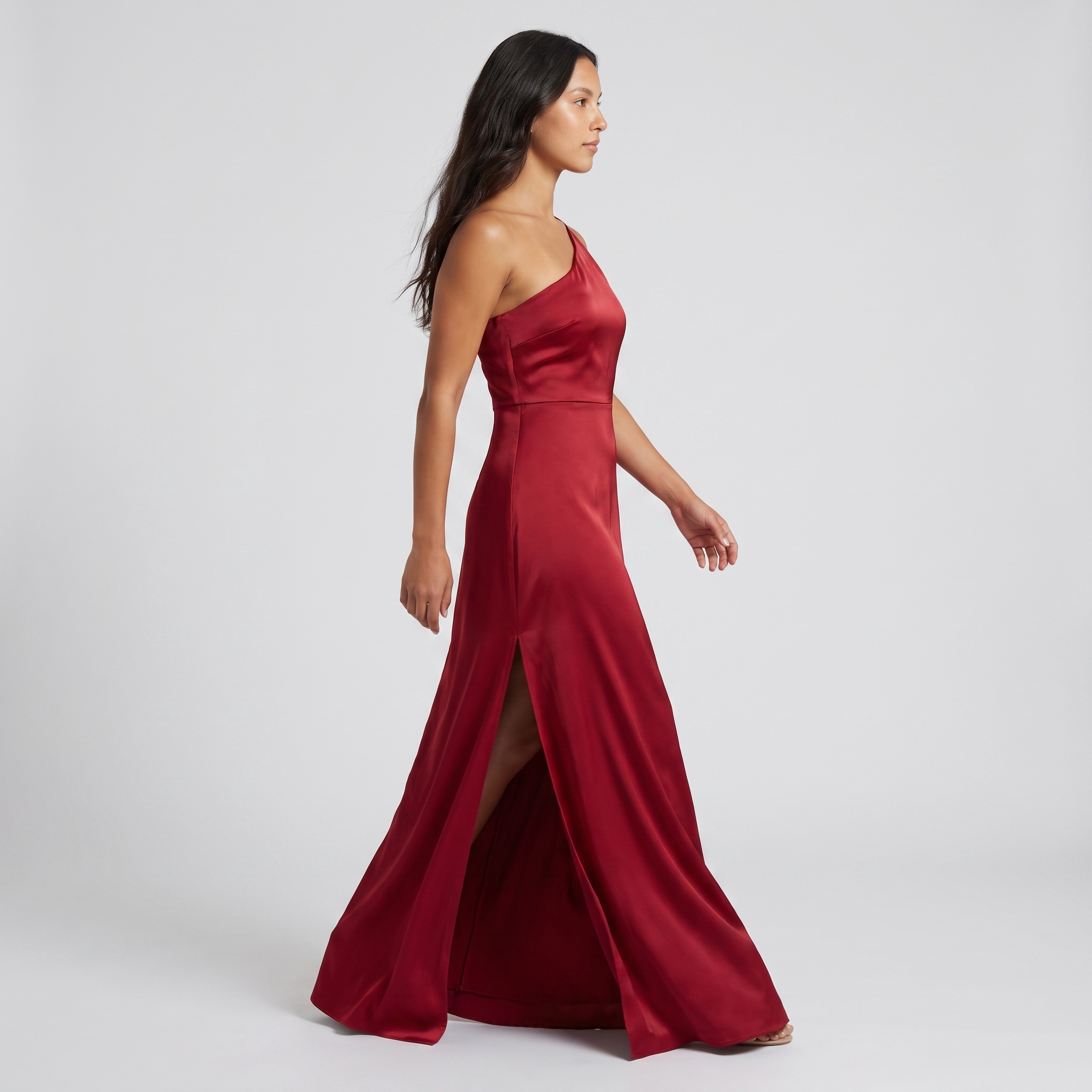 Red satin gown with thigh split side profile