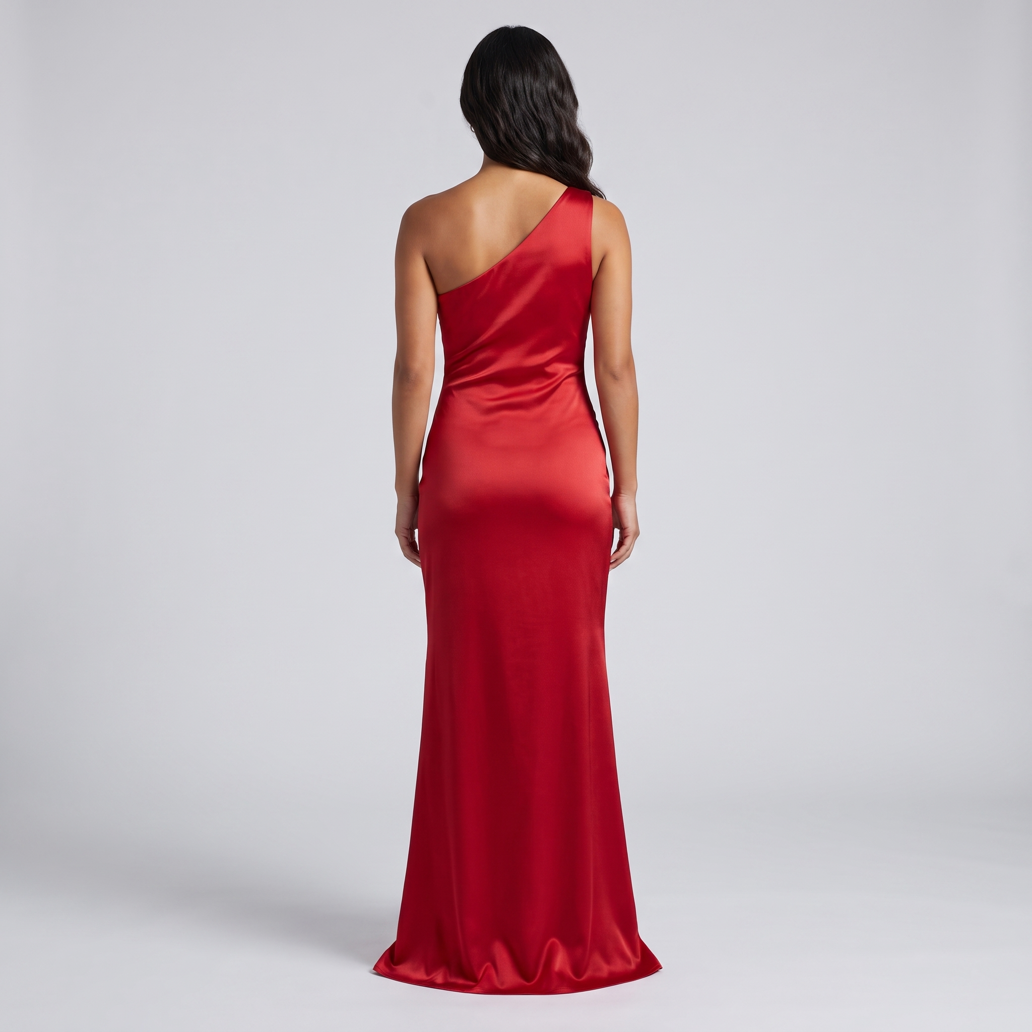 Red one-shoulder satin gown back view