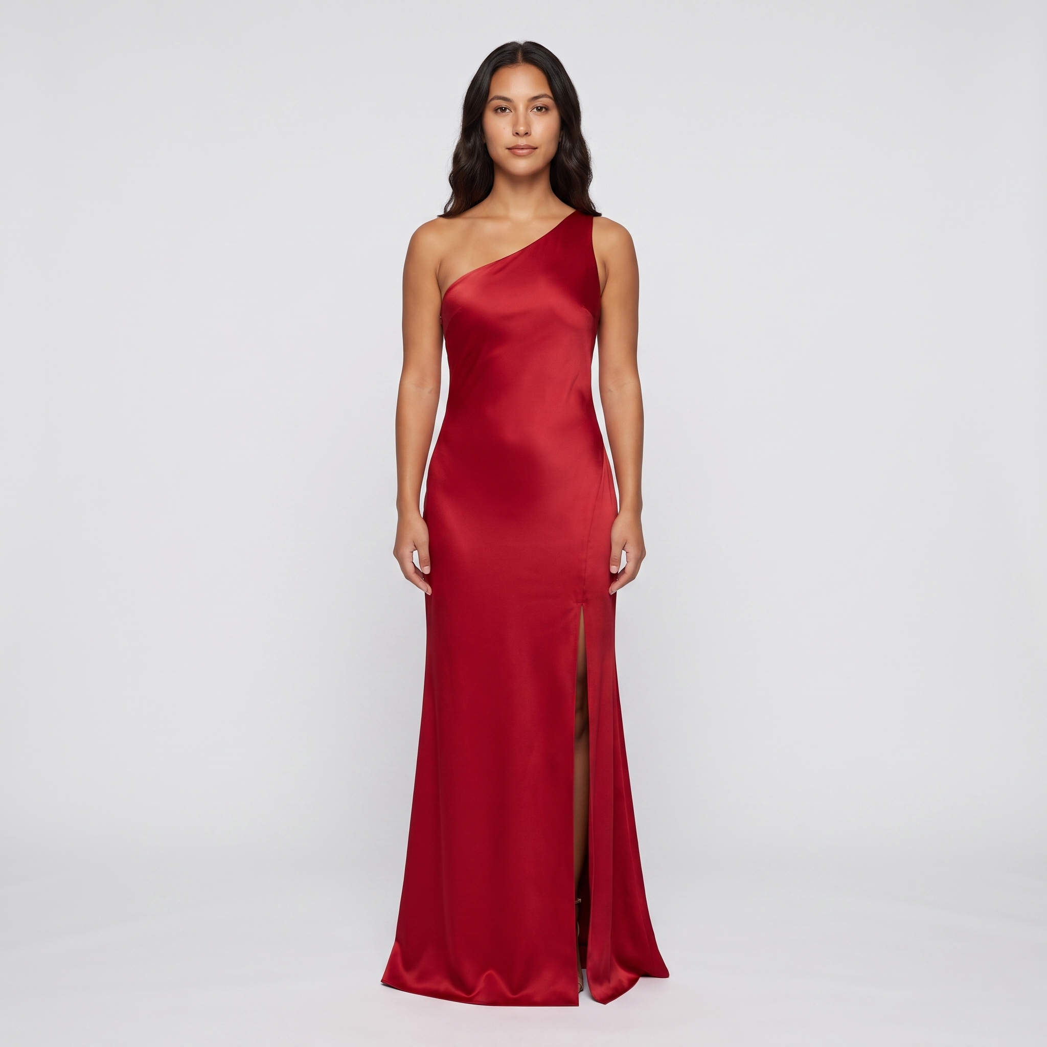 Red one-shoulder satin floor-length gown front view