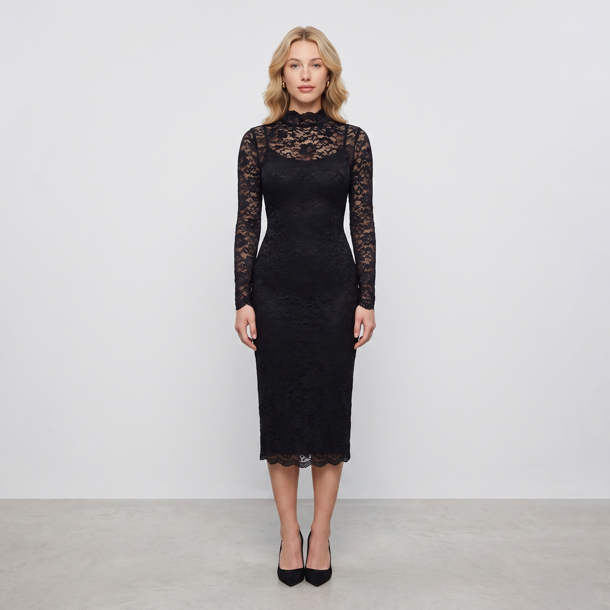 Black lace long-sleeve midi dress front view