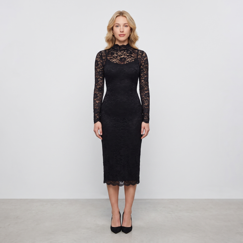 Bridget Lace Long-Sleeve Midi Dress – Black