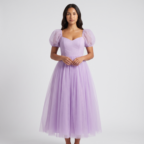 Mabel Tulle Puff-Sleeve Midi Dress – Lilac