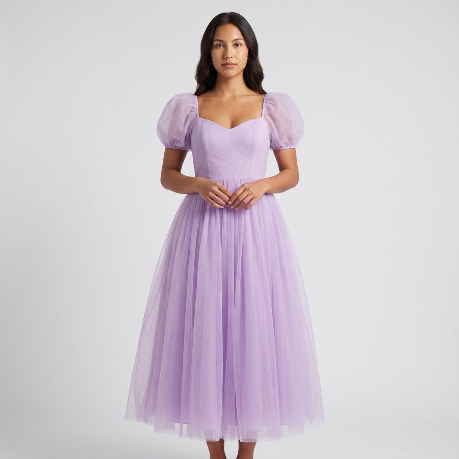Mabel Tulle Puff-Sleeve Midi Dress – Lilac