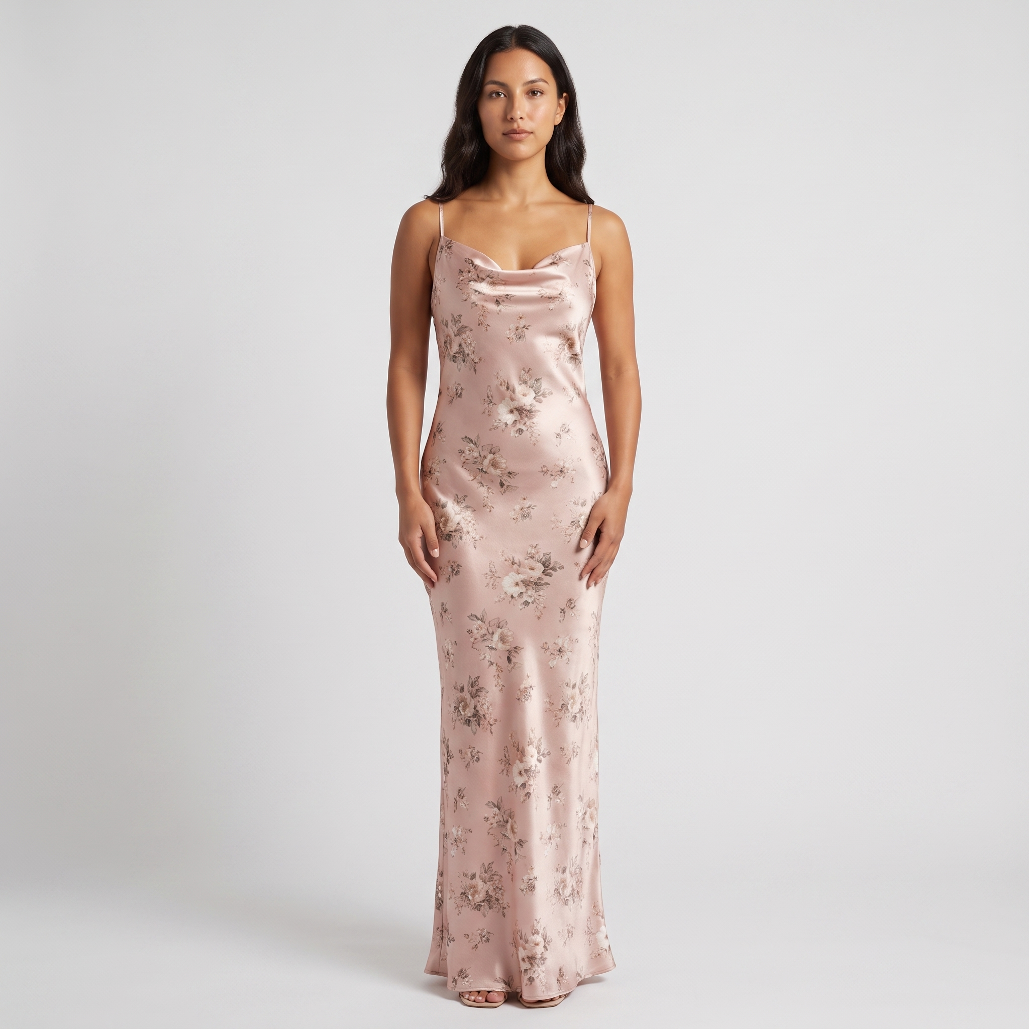 Blush floral satin slip maxi dress front view