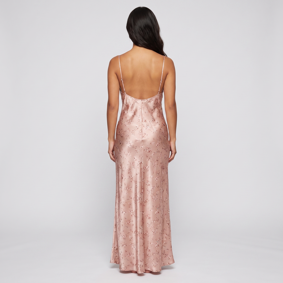 Blush floral satin slip maxi dress back view