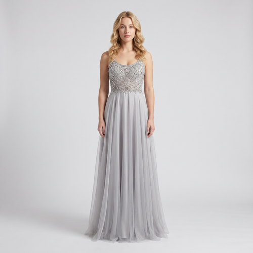 Elspeth Beaded-Bodice Gown – Silver