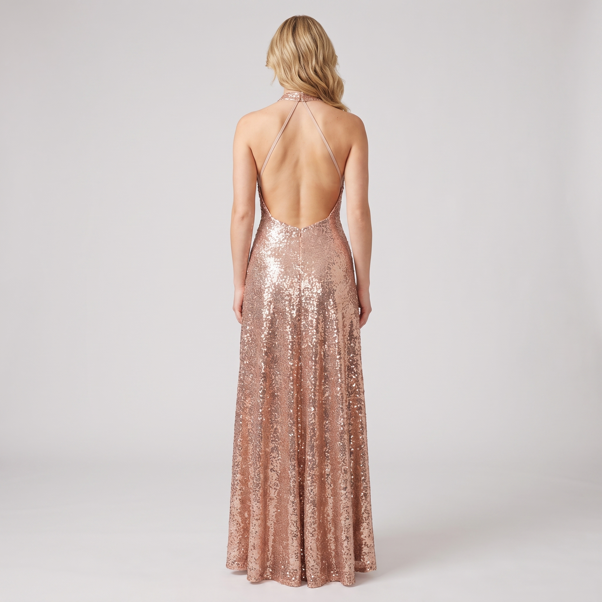 Rose gold sequin halter gown open back view
