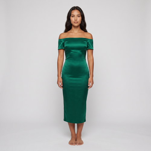 Florence Satin Off-Shoulder Midi Dress – Emerald